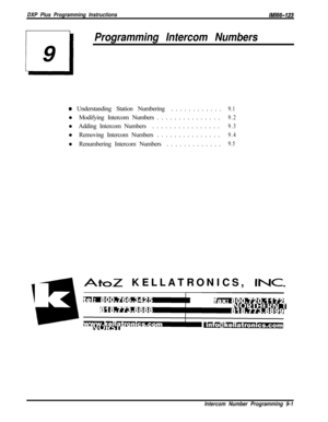 Page 930DXP Plus Programming Instructions/M/66-123
Programming Intercom Numbers
o Understanding Station Numbering............9.1l Modifying Intercom Numbers...............
9.2l Adding Intercom Numbers................
9.3l Removing Intercom Numbers...............
9.4l Renumbering Intercom Numbers.............
9.5
3
AtoZ KELLATRONICS, INC,
Intercom Number Programming 9-1 