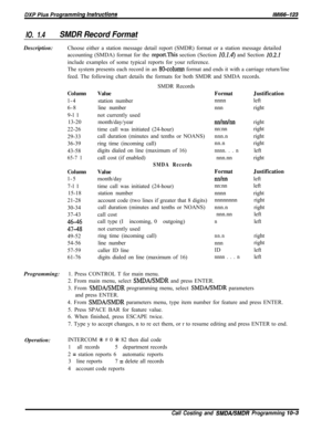 Page 937IO. 1.4SMDR Record FormatDescription:Choose either a station message detail report (SMDR) format or a station message detailed
accounting (SMDA) format for the 
reportThis section (Section 10.1.4) and Section 10.2.1include examples of some typical reports for your reference.
The system presents each record in an 
80-column format and ends it with a carriage return/line
feed. Thefollowing chart details the formats for both SMDR and SMDA records.
Column
l-4
6-8
9-l 1
13-20
22-26
29-33
36-39
43-58
65-7...