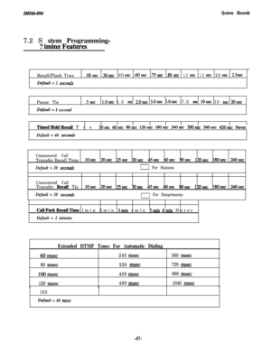 Page 50System Records7.2 S stem Programming-
?
imi.n~FeaturesRecall/Flash
Time
Default = 2 seconals
.08set.30setSOsetA0set.75set.88set1.0set1.5set2.0set2.5.~~Pause Tie
D@ault = I second
-5 setl.Osec 1.5 set 2.osec 3.osec 5.osec -7.5 set 1osec 15 set 2Osec
TimedHoldRecall Tie 30~ 6Osec 9Osec 12Osec 180s~ 240~ 3OOsec 360s~ 420s~ Never.
Default = 60 secona!s
Unanswered CallTransfer Recall Time1Osec 20s~ 25s~ 3Osec 45sec 6Osec 9Osec 12Osec 18Osec 24Osec
Default = 20 secona30 For Stations
Unanswered CallTransfer...