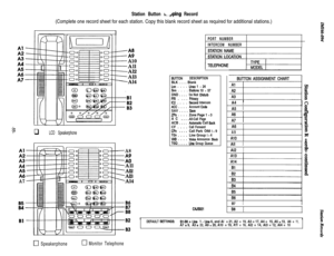 Page 58Station Button r,.-.&ping Record(Complete one record sheet for each station. Copy this blank record sheet as required for additional stations.)
PORT NUMBER
INTERCOM NUMBER
2
A10All
Al2
Al3
Al4
BUllON
TQQ . . . .Ltne Group Queue DESCRIPTIONBLK . . . . Blank
Lrln . . . .Lines 1 - 24Snn . . . .StatIons 10 - 57
DND . . . .Dd Not DisturbPRI . .. . PrhracyIC2 * . . .Second IntercomACC . . . .Account codeSAV . . . . SaveZPrl . . . .
Zone Page 1 - 3
AC ..,aAll-Call PageACB . . . .Aubmatk Call BackCF . . . .Call...