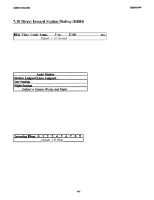 Page 67Station RecordIMItX-0947.10 Direct Inward Station Dialing 
(DISD)15 sec. 30 sec.Dial Time Limit 6 sec.
9 sec.12 set
Default = 12 Seconds
Default =
0 Rings
-64- 