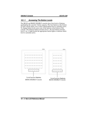 Page 8810.1.1 Accessing The Button Levels
The IB24X and IB48X DSS/BLF consoles have four levels of buttons,
quadrupling the consoles’ button capacity. The four buttons at the bottom
of each console allow you to select which button level is currently active.
To change button levels, press one of the buttons at the bottom of the
console. The leftmost button activates level 1, the next button activates
level 2, etc. A light beside the appropriate button lights to indicate which
level is currently active.
ib48x...