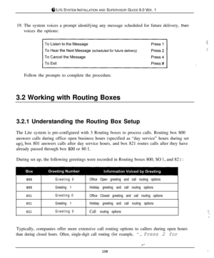 Page 1028 LKE SYSTEM INSTALLATION AND SUPERVISOR GUIDE 9.0 VER. 1
19. The system voices a prompt identifying any message scheduled for future delivery, then
voices the options:
To Hear the Next Message (scheduled for future delivery)
Xl .Follow the prompts to complete the procedure.
3.2 Working with Routing Boxes
3.2.1 Understanding the Routing Box Setup
The Lite system is pre-configured with 3 Routing boxes to process calls. Routing box 800
answers calls during office open business hours (specified as “day...