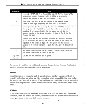 Page 498 LITE SYSTEM~NSTALIATIONAND SUPERVISOR GUIDE~.~ VER. 1
received aDTMFdigit (1for Yes,anything else for No),by the end of the
announcement cycle(s), it assumes that it is talking to an answering
machine, and proceeds to play each new message in turn.V
Voice pager. This must be the last character in the telephone number.
Details of voice pager programming are found later in this section.
IInternal (must be the first character). Overrides the INTERNAL parameter (in
the configuration file 
VM.CFG) and...
