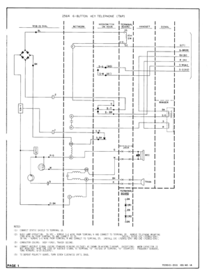 Page 112564 6-BUTTON KEY TELEPHONE (TAP) 
I I HOOKSWITCH I I I 
I 
NETWORK 
I ON HOOK T&E2ZAL 
L---I HANDSET 
I SIGNAL 
31 
----I 
358-15 DIAL 
_ BL 
4-l BK 
. 
---I--? 
IOn I 
2W I 
! I 1 S-G -tAGI 1 
I . I I J-W,Al, i S-G(AG) i 
I 
I I 
i a 
I 
I 
. 
I 
! t- S-BR- 1 
I 
I I 
I 
1 S-R 
I - , 
I 
I 
I 
I 
REC 
I 
I 
I 
I 
&I 
GN 
I I 
1-i B 
3 
u 
I 
I I 
I 
I 
I 
I 
I 
-- -l 
I I b26 1 
NOTES: 
i I 
(1) CONNECT STATIC SHIELD TO TERMINAL 1B. 
(2) BUSY LAMP OPERATION: 24 VDC - REMOVE S-G WIRE FROM TERMINAL N AND...