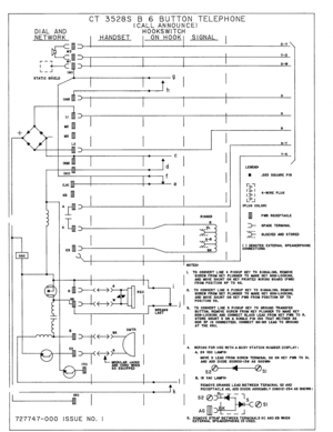 Page 37CT 3528s B 6 BUTTON TELEPHONE 
(CALL ANNOUNCE1 
DIAL AND HOOKSWITCH 
NETWORK HANDSET ON HOOK SIGNAL 
I 
O-Y ’ 
I 
Y-O 
o-w 
4 + - 
I 
LJ J 
 s 
I 1 NOTES: 
TO CONVERT LINE 4 PICKUP KEY TO SIGNALING. REMOVE 
-I- 
SCREW FROM KEY PLUNGER TO MAKE KEY NON-LOCKING. 
AND MOVE SHUNT ON KEY PRINTED WIRING BOARD (PWG) 
FROM POSITION 4P TO 4s. 
“? 
TO CONVERT LINE 5 PICKUP KEY TO SIGNALING. REMOVE 
SCREW FROM KEY PLUNGER TO MAKE KEY NON-LOCKING. 
AN0 MOVE SHUNT ON KEY PWB FROM POSITION 5P TO 
POSITION 5s. 
TO...