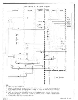 Page 72564 6-BUTTON KEY TELEPHONE (STANDARD) 
I I 
35A-15 DIAL HOOKSWITCH I I 
TERMINAL I 
I I 
NETWORK 
I ON HOOK 
k---l BOARD HANDSET 
I SIGNAL 
----I 
I I 
. I I I 
I i 
I I 
] G(T) 
I I , S-Y(R) 
I I 
h 
I I 
- I i L 
#5 TAPED 
- 
- 
- 
I I 
I 
I 
I 
(1) CONNECT STATIC SHIELD TO TERMINAL 1B. 
(2) BUSY LAMP OPERATION: 24 VDC - REMOVE S-G WIRE FROM TERMINAL N AND CONNECT TO TERMINAL 25. REMOVE TELEPHONE MOUNTING 
CORD WIRE 44 FROM TERMINAL 26 AND CONNECT TO 25. 
18 VAC - REMOVE S-G WIRE FROM TERMINAL N AND...