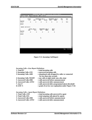 Page 81QQ85
Figure 5-11. Incoming Call Report
Incoming Calls—Line Report Definitions
1. Total I/C = total incoming calls
2. Incoming Calls–ANS = answered incoming calls
3. Incoming Calls–ABD = abandoned calls dropped by caller or connected
forlessthannineseconds
4. Incoming Calls–NIGHT = any calls at night mode (ans, abn, msg)
5. Answered Calls–DIR = calls answered before announcement
6. Answered Calls–ANNC = calls answered after announcement
7. Ans>T = calls answered after programmed alarm threshold
8. GOS % =...