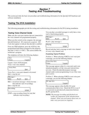 Page 59Section 7
Testing And Troubleshooting
This section provides the basic test procedure and troubleshooting information for theQuickQACD hardware and
software installation
Testing The DVA Installation
The following paragraphs provide the testing and troubleshooting information for the DVA during installation.
Testing Voice Channel Cards
Make sure the voice port stations that are connected to
the voice channels are programmed properly.
When you first switch on the computer, the message
QuickQ Initialized....