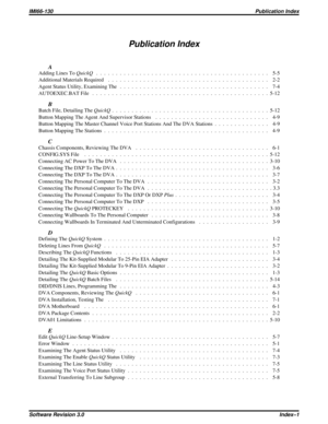 Page 71Publication Index
A
Adding Lines ToQuickQ............................................ 5-5
AdditionalMaterialsRequired ......................................... 2-2
AgentStatusUtility,ExaminingThe ...................................... 7-4
AUTOEXEC.BAT File . . . . . . . . . . . . . . . . . . . . . . . . . . . . . . . . . . . . . . . . . . . . . 5-12
B
Batch File, Detailing TheQuickQ. . . . . . . . . . . . . . . . . . . . . . . . . . . . . . . . . . . . . . . . 5-12...