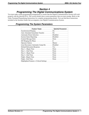 Page 33Section 4
Programming The Digital Communications System
You must make certain programming arrangements to ensure that the Digital Communications System will work
properly with theQuickQDVA. This section details those system parameters that you must arrange. Refer to the
Video Terminal Programming Instructions for complete programming details. You can find those instructions
included in the literature binder that accompanies your Digital Communications System.
Programming The System Parameters
Feature...