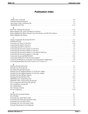 Page 79Publication Index
A
Adding Lines ToQuickQ............................................ 5-5
AdditionalMaterialsRequired ......................................... 2-2
AgentStatusUtility,ExaminingThe ...................................... 7-4
AUTOEXEC.BAT File . . . . . . . . . . . . . . . . . . . . . . . . . . . . . . . . . . . . . . . . . . . . . 5-12
B
Batch File, Detailing TheQuickQ. . . . . . . . . . . . . . . . . . . . . . . . . . . . . . . . . . . . . . . . 5-12...