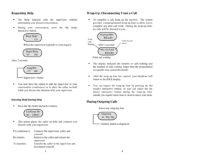 Page 6Requesting Help·The Help function calls the supervisor without
interrupting your present conversation.
·During your conversation, press the    Hp    (help)
interactive button.
When the supervisor responds to your request:
After 2 seconds
Supervisor’s Name
·You now have the option to add the supervisor to your
conversation (conference) or to place the caller on hold
while you discuss the situation with your supervisor.
Selecting Hold During Help
·Press the Hp (hold) Interactive button.
·This action places...