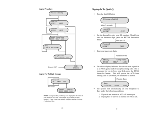 Page 3Log-in Procedure
Log-in For Multiple Groups
Signing-In To QuickQ·Press the QuickQ button
After 2 seconds
·Use the keypad to enter your I.D. number. Should you
enter an incorrect digit, press  the RETRY interactive
button.
·Enter your password digits.
Valid Password
·The above display indicates that you are now signed-in
as an ACD agent, ready to accept incoming calls. If it is
necessary for you to leave your desk, press the BUSY
interactive button. This will prevent the ACD from
sending calls to you when...
