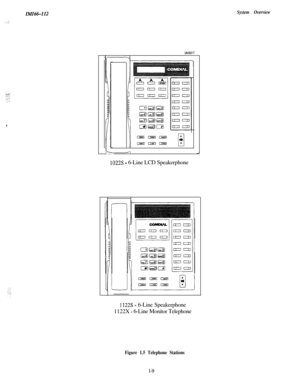 Page 12IMIN-I12System Overview
,
UNIS017
If-4
1
I--J,
1022s - 6-Line LCD Speakerphone
1122s - 6-Line Speakerphone
1122X 
- 6-Line Monitor Telephone
Figure 1.5 Telephone Stationsl-9 