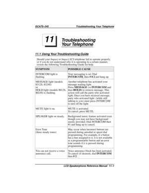 Page 115Troubleshooting
Your Telephone
11.1 Using Your Troubleshooting Guide
Should yourImpactorImpact SCStelephone fail to operate properly,
or if you do not understand why it is operating in a certain manner,
review the following Troubleshooting Guide for help.
SYMPTOM POSSIBLE CAUSE
INTERCOM light is
flashing.Your messaging is set. Dial
INTERCOM,then#02andhangup.
MESSAGE light (models
8312S, 8324S)
or
HOLD light (models 8012S,
8024S) is flashing.Another telephone has activated your
message waiting light....