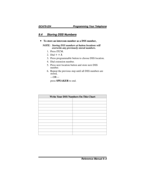 Page 939.4 Storing DSS Numbers
·To store an intercom number as a DSS number,
NOTE: Storing DSS numbers at button locations will
overwrite any previously stored numbers.
1. Press ITCM.
2. DialSS3.
3. Press programmable button to choose DSS location.
4. Dial extension number.
5. Press next location button and store next DSS
number.
6. Repeat the previous step until all DSS numbers are
stored,
—OR—
pressSPEAKERto end.
Write Your DSS Numbers On This Chart
GCA70-224 Programming Your Telephone
Referemce Manual 9–5 