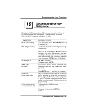 Page 103Troubleshooting Your
Telephone
Should your LCD speakerphone fail to operate properly, or if you do
not understand why it is operating in a certain manner, review the
following list of symptoms and causes for help.
SYMPTOM POSSIBLE CAUSE
ITCM light flashing Your messaging is set. DialITCM,then#0
2andhangup.
HOLD light flashing Another telephone has activated your message
waiting light.
PressITCM, and then pressHOLDto retrieve
message. This action will call party who acti-
vated light. Once you have...