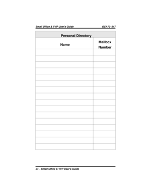 Page 28Personal Directory
NameMailbox
Number
Small Office & VVP Users Guide GCA70–347
24 – Small Office & VVP Users Guide 