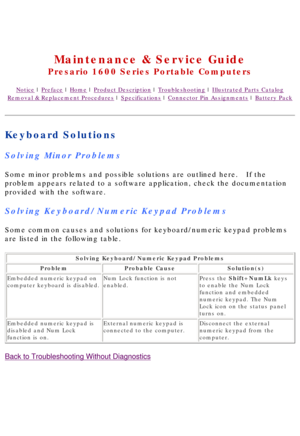 Page 19United States     January 2, 2003 
 
Maintenance & Service Guide
Presario 1600 Series Portable Computers
Notice | Preface | Home | Product Description | Troubleshooting | Illustrated Parts Catalog
Removal & Replacement Procedures | Specifications | Connector Pin Assignments | Battery Pack
Keyboard Solutions
Solving Minor Problems
Some minor problems and possible solutions are outlined here.   If the 
problem appears related to a software application, check the documentati\
on 
provided with the...