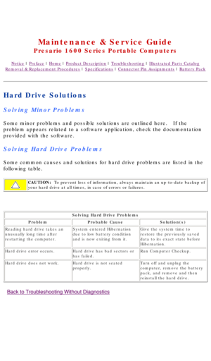 Page 20United States     January 2, 2003 
 
Maintenance & Service Guide
Presario 1600 Series Portable Computers
Notice | Preface | Home | Product Description | Troubleshooting | Illustrated Parts Catalog
Removal & Replacement Procedures | Specifications | Connector Pin Assignments | Battery Pack
Hard Drive Solutions
Solving Minor Problems
Some minor problems and possible solutions are outlined here.   If the 
problem appears related to a software application, check the documentati\
on 
provided with the...