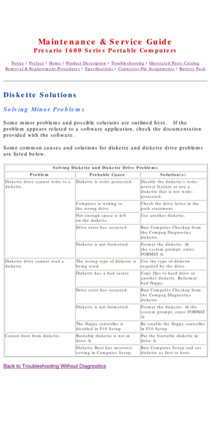 Page 21United States     January 2, 2003 
 
Maintenance & Service Guide
Presario 1600 Series Portable Computers
Notice | Preface | Home | Product Description | Troubleshooting | Illustrated Parts Catalog
Removal & Replacement Procedures | Specifications | Connector Pin Assignments | Battery Pack
Diskette Solutions
Solving Minor Problems
Some minor problems and possible solutions are outlined here.   If the 
problem appears related to a software application, check the documentati\
on 
provided with the...