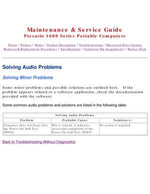 Page 22United States     January 2, 2003 
 
Maintenance & Service Guide
Presario 1600 Series Portable Computers
Notice | Preface | Home | Product Description | Troubleshooting | Illustrated Parts Catalog
Removal & Replacement Procedures | Specifications | Connector Pin Assignments | Battery Pack
Solving Audio Problems
Solving Minor Problems
Some minor problems and possible solutions are outlined here.   If the 
problem appears related to a software application, check the documentati\
on 
provided with the...