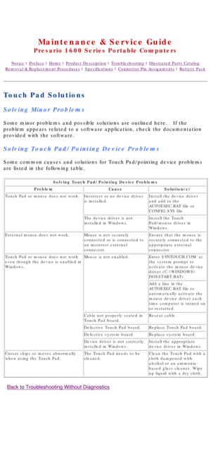 Page 30United States     January 2, 2003 
 
Maintenance & Service Guide
Presario 1600 Series Portable Computers
Notice | Preface | Home | Product Description | Troubleshooting | Illustrated Parts Catalog
Removal & Replacement Procedures | Specifications | Connector Pin Assignments | Battery Pack
Touch Pad Solutions
Solving Minor Problems
Some minor problems and possible solutions are outlined here.   If the 
problem appears related to a software application, check the documentati\
on 
provided with the...
