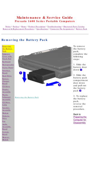 Page 42United States     January 2, 2003 
 
Maintenance & Service Guide
Presario 1600 Series Portable Computers
Notice | Preface | Home | Product Description | Troubleshooting | Illustrated Parts Catalog
Removal & Replacement Procedures | Specifications | Connector Pin Assignments | Battery Pack
Removing the Battery Pack
Removing 
the Battery 
Pack
Palmrest 
Cover with 
Touch Pad
Keyboard
Heatspreader
Status Panel
Interface 
Board
Hard Drive
Battery 
Charger
Board
CD Drive
Display 
Assembly
Plastic 
Subpanel...