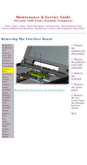 Page 51United States     January 2, 2003 
 
Maintenance & Service Guide
Presario 1600 Series Portable Computers
Notice | Preface | Home | Product Description | Troubleshooting | Illustrated Parts Catalog
Removal & Replacement Procedures | Specifications | Connector Pin Assignments | Battery Pack
Removing The Interface Board
Removing 
the Battery 
Pack
Palmrest 
Cover with 
Touch Pad
Keyboard
Heatspreader
Status Panel
Interface 
Board
Hard Drive
Battery 
Charger
Board
CD Drive
Display 
Assembly
Plastic 
Subpanel...