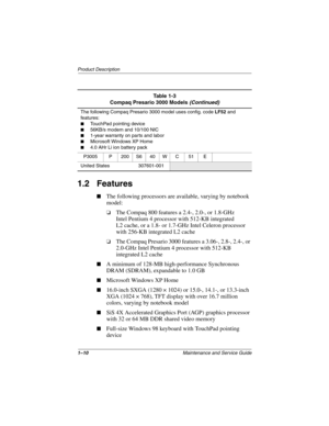 Page 151–10Maintenance and Service Guide
Product Description
1.2 Features
■The following processors are available, varying by notebook 
model:
❏The Compaq 800 features a 2.4-, 2.0-, or 1.8-GHz
Intel Pentium 4 processor with 512-KB integrated
L2 cache, or a 1.8- or 1.7-GHz Intel Celeron processor 
with 256-KB integrated L2 cache
❏The Compaq Presario 3000 features a 3.06-, 2.8-, 2.4-, or 
2.0-GHz Intel Pentium 4 processor with 512-KB 
integrated L2 cache
■A minimum of 128-MB high-performance Synchronous 
DRAM...