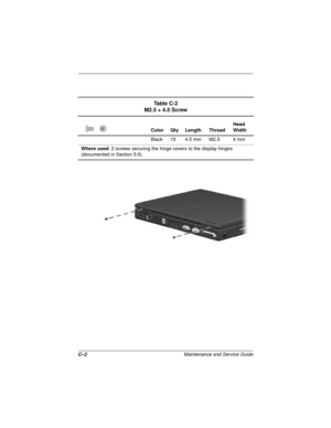 Page 133C–2Maintenance and Service Guide
Ta b l e  C - 2
M2.5 × 4.5 Screw
Color Qty Length ThreadHead 
Width
Black 15 4.5 mm M2.5 4 mm
Where used: 2 screws securing the hinge covers to the display hinges 
(documented in Section 5.6). 