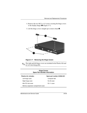 Page 77Removal and Replacement Procedures
Maintenance and Service Guide5–13
4. Remove the two M2.5 × 4.5 screws securing the hinge covers 
to the display hinges 1 (Figure 5-7).
5. Lift the hinge covers straight up to remove them 2.
Figure 5–7: Removing the Hinge Covers
✎The right and left hinge covers are included in the Plastics Kit and 
are not interchangeable.
Hinge Covers
Spare Part Number Information
Plastics kit, includes: Spare part number 233562-001
Left hinge cover Computer feet
Right hinge cover RJ-45...