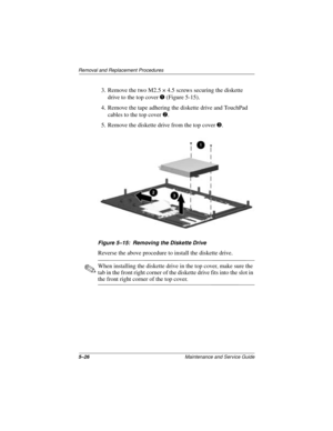 Page 905–26Maintenance and Service Guide
Removal and Replacement Procedures
3. Remove the two M2.5 × 4.5 screws securing the diskette 
drive to the top cover 1 (Figure 5-15).
4. Remove the tape adhering the diskette drive and TouchPad 
cables to the top cover 2.
5. Remove the diskette drive from the top cover 3.
Figure 5–15: Removing the Diskette Drive
Reverse the above procedure to install the diskette drive.
✎When installing the diskette drive in the top cover, make sure the 
tab in the front right corner of...