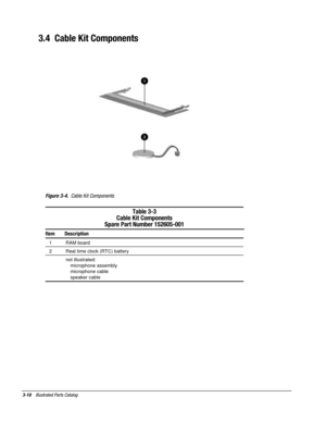 Page 643-10    Illustrated Parts Catalog
3.4  Cable Kit Components
Figure 3-4.  Cable Kit Components
Table 3-3
Cable Kit Components
Spare Part Number 152605-001
Item Description
  1 RAM board
  2 Real time clock (RTC) battery
not illustrated:
microphone assembly
microphone cable
speaker cable 