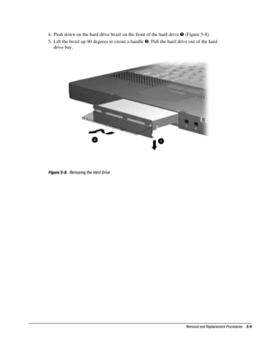 Page 81Removal and Replacement Procedures    5-9
4.  Push down on the hard drive bezel on the front of the hard drive ! (Figure 5-8).
5.  Lift the bezel up 90 degrees to create a handle . Pull the hard drive out of the hard
drive bay.
Figure 5-8.  Removing the Hard Drive 