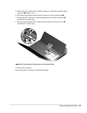 Page 93Removal and Replacement Procedures    5-21
5.  Release the Zero Insertion Force (ZIF) connector to which the keyboard cable is
connected ! (Figure 5-19).
6.  Disconnect the keyboard cable from the connector on the system board .
7.  Release the ZIF connector to which the pointing device cable is connected #
(EasyPoint IV models only).
8.  Disconnect the pointing device cable from the connector on the top cover $
(EasyPoint IV models only).
Figure 5-19.  Disconnecting the Pointing Device and the Keyboard...