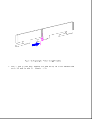 Page 1172. Install the PC Card door, making sure the spring is placed between the
notch [1] and the rib [2] (Figure 3-67). 