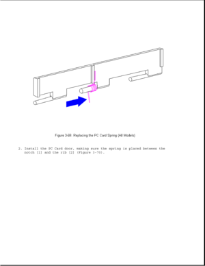 Page 1202. Install the PC Card door, making sure the spring is placed between the
notch [1] and the rib [2] (Figure 3-70). 