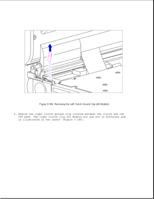 Page 2424. Remove the right clutch ground clip located between the clutch and the
CPU base. The right clutch clip for Models 420 and 430 is different and
is illustrated in the insert (Figure 3-185). 