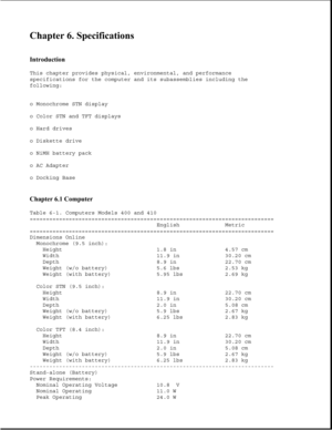 Page 291Chapter 6. Specifications 
 
Introduction 
This chapter provides physical, environmental, and performance
specifications for the computer and its subassemblies including the
following:
o Monochrome STN display
o Color STN and TFT displays
o Hard drives
o Diskette drive
o NiMH battery pack
o AC Adapter
o Docking Base
Chapter 6.1 Computer 
Table 6-1. Computers Models 400 and 410
===========================================================================
English Metric...