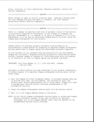 Page 45state, province, or local regulations. Whenever possible, recycle the
battery components.
>>>>>>>>>>>>>>>>>>>>>>>>>>>>>>>>> WARNING >>>>>>