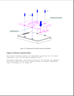 Page 60Chapter 3.6 Memory Expansion Board 
This section contains removal and replacement procedures for the memory
compartment cover and the memory expansion board.
The memory compartment cover and the bottom of the CPU base are embossed
with arrows and two icons that indicate whether the memory compartment
cover is unlocked [1] or locked [2]. 