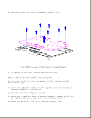 Page 714. Separate the CPU cover from the keyboard (Figure 3-23). 
5. To replace the CPU cover, reverse the previous steps. 
Removing the Top PC Card (PCMCIA) Door and Spring 
To remove the top PC Card door and spring from the keyboard assembly, 
follow these steps: 
1. Remove the keyboard assembly from the computer. Refer to Removing theKeyboard Assembly in this section.
2. Turn the keyboard assembly top-side down. 
3. Remove the PC Card door from the keyboard assembly, unsnap the PC Card door [1] from the...