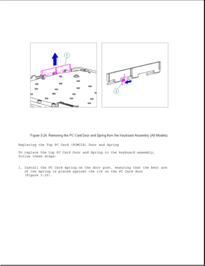 Page 72Replacing the Top PC Card (PCMCIA) Door and Spring
To replace the top PC Card Door and Spring to the keyboard assembly,
follow these steps:
1. Install the PC Card spring on the door post, ensuring that the bent arm
of the spring is placed against the rib on the PC Card door
(Figure 3-25). 