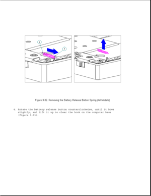 Page 804. Rotate the battery release button counterclockwise, until it bows
slightly, and lift it up to clear the hook on the computer base
(Figure 3-33). 