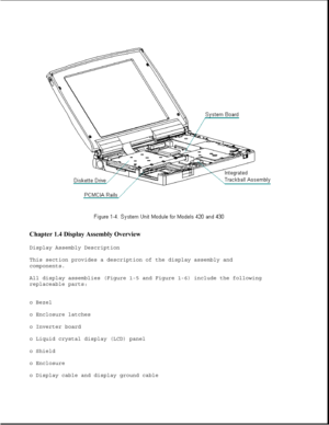 Page 10Chapter 1.4 Display Assembly Overview 
Display Assembly Description
This section provides a description of the display assembly and
components.
All display assemblies (Figure 1-5 and Figure 1-6) include the following
replaceable parts:
o Bezel
o Enclosure latches
o Inverter board
o Liquid crystal display (LCD) panel
o Shield
o Enclosure
o Display cable and display ground cable 