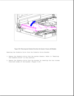 Page 94Removing the Diskette Drive from the Diskette Drive Bracket
1. Remove the diskette drive from the system chassis. Refer to Removing
the Diskette Drive in this section.
2. Remove the diskette drive from the bracket by removing the four screws
from both sides of the bracket (Figure 3-44). 