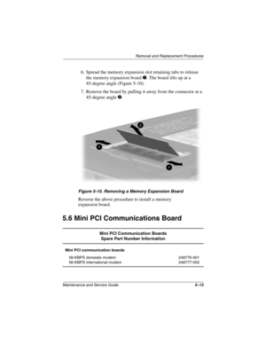 Page 81Remova l and Replacement Procedures
Maintenance and Ser vice Guide 5–13
6. Spread the memory expansion slot retaining tabs to release 
the memory expansion board 
1. The board tilts up at a 
45-degree angle (Figure 5-10).
7. Remove the board by pulling it away from the connector at a  45-degree angle 
2.
Figure 5-10. Remo ving a Memory Expansion Boar d
Reverse the above procedure to install a memory 
expansion board.
5.6 Mini PCI Communications Board
Mini PCI Communication Boards
Spare Part Number...