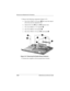 Page 1285–60Maintenance and Service Guide
Remo va l and Replacement Procedures
3. Remove the following components (Figure 5-47):
a. Four silver TM2.0 × 5.0 screws 
1 that secure the optical 
drive front and rear alignment rails
b. Optical drive front 
2 and rear 3 alignment rails
c. Two silver HM5.0 × 17.5 standoffs 
4
d. One silver HM5.0 × 9.0 standoff 5
e. One silver TM2.0 × 5.0 screw 6 with bracket \b
Figure 5-47. Remo ving the System Boar d Fastener s
4. Position the computer so the rear panel faces...